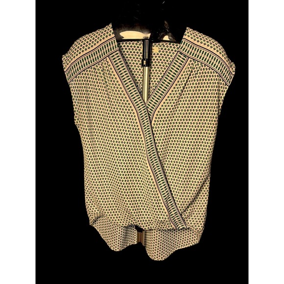 Max Studio Womens Green White Geometric Faux Wrap V-Neck Sleeveless Blouse Top S - Picture 2 of 12